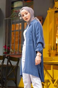 Modalamelif Oversize Gizli Cepli Kot Gömlek Gece  Mavisi