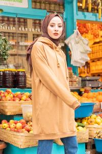 Modalamelif Gizli Cep Kapşonlu Sweat Sütlü Kahve