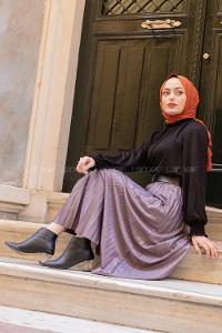 Modalamelif İndirimli Beli Lastikli Deri Görünümlü Pileli Etek  Gri