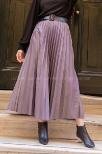 Modalamelif İndirimli Beli Lastikli Deri Görünümlü Pileli Etek  Gri