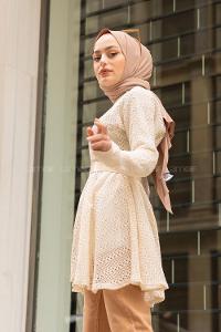 Modalamelif Kemerli  Raşel Tunik Ekru