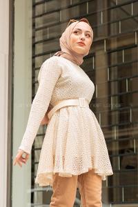 Modalamelif Kemerli  Raşel Tunik Ekru