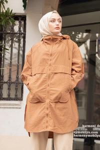 Modalamelif Önü Fermuarlı Kapşonlu Yağmurluk Camel