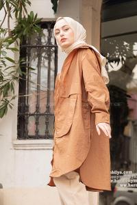 Modalamelif Önü Fermuarlı Kapşonlu Yağmurluk Camel