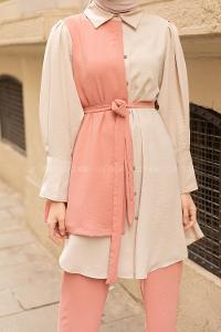 Modalamelif Parça Renkli Kemer Detaylı İkili Takım Pembe