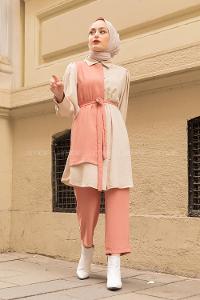 Modalamelif Parça Renkli Kemer Detaylı İkili Takım Pembe