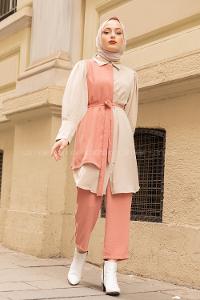 Modalamelif Parça Renkli Kemer Detaylı İkili Takım Pembe