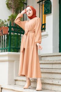 Modalamelif Yarasa Kol Kloş Etekli Mevlana Elbise Camel