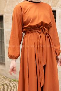 Modalamelif Yarasa Kol Kloş Etekli Mevlana Elbise Kahverengi