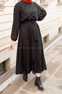 Modalamelif Yarasa Kol Kloş Etekli Mevlana Elbise Siyah