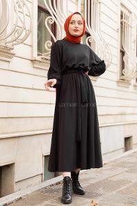 Modalamelif Yarasa Kol Kloş Etekli Mevlana Elbise Siyah