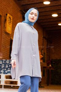 Modalamelif Büyük Düğmeli Yanları Yırtmaçlı Gömlek Gri