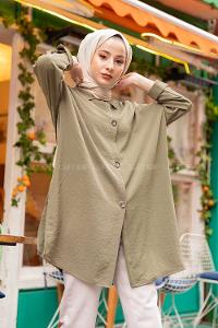 Modalamelif Büyük Düğmeli Yanları Yırtmaçlı Gömlek Haki