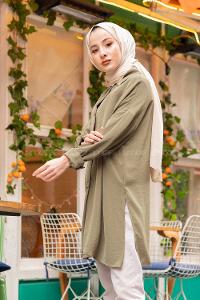 Modalamelif Büyük Düğmeli Yanları Yırtmaçlı Gömlek Haki