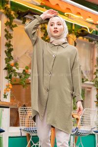 Modalamelif Büyük Düğmeli Yanları Yırtmaçlı Gömlek Haki