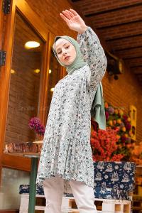 Modalamelif Çiçek Desenli Balon Kol Tunik Mint Yeşili