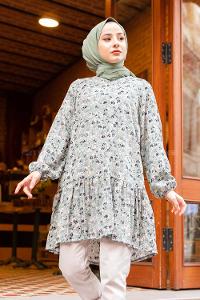 Modalamelif Çiçek Desenli Balon Kol Tunik Mint Yeşili