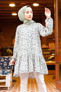 Modalamelif Çiçek Desenli Balon Kol Tunik Mint Yeşili