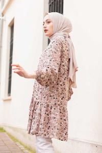 Modalamelif Çiçek Desenli Balon Kol Tunik  Sütlü Kahve