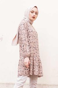 Modalamelif Çiçek Desenli Balon Kol Tunik  Sütlü Kahve