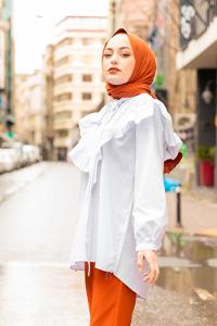 Modalamelif Fularlı Yaka Gipeli Gömlek Tunik Beyaz