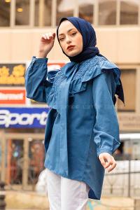 Modalamelif Fularlı Yaka Gipeli Gömlek Tunik İndigo