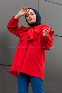 Modalamelif Fularlı Yaka Gipeli Gömlek Tunik Kırmızı