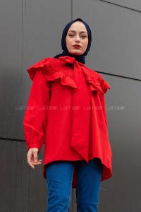 Modalamelif Fularlı Yaka Gipeli Gömlek Tunik Kırmızı