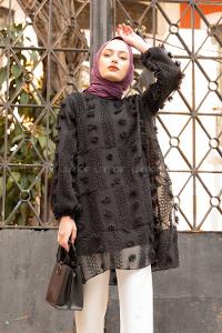 Modalamelif İçi Astarlı  Ponponlu  Tunik Siyah