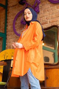 Modalamelif Önü Düğmeli Yan Cepli Gömlek Oranj