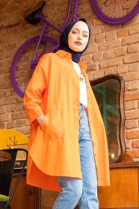 Modalamelif Önü Düğmeli Yan Cepli Gömlek Oranj