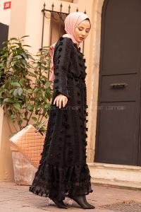 Modalamelif  Ponponlu  İçi Astarlı Elbise Siyah