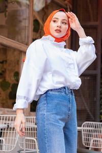 Modalamelif Yaka Fırfırlı Gömlek Beyaz