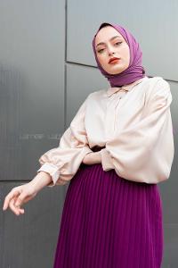 Modalamelif Yarasa Kol Düz Renk Saten Bluz Bej