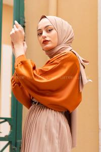 Modalamelif Yarasa Kol Düz Renk Saten Bluz Kiremit