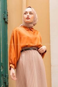 Modalamelif Yarasa Kol Düz Renk Saten Bluz Kiremit