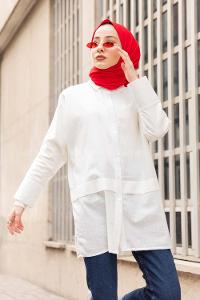 Modalamelif Önü Katlı Keten Gömlek Beyaz