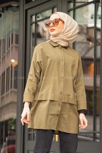 Modalamelif Önü Katlı Keten Gömlek Haki