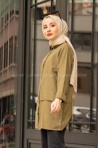 Modalamelif Önü Katlı Keten Gömlek Haki