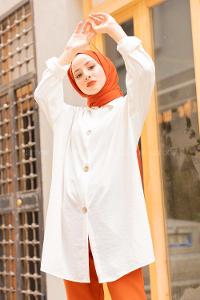 Modalamelif Büyük Düğmeli Yanları Yırtmaçlı Gömlek Beyaz