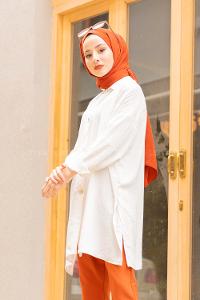 Modalamelif Büyük Düğmeli Yanları Yırtmaçlı Gömlek Beyaz