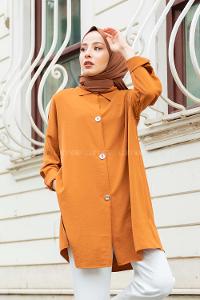 Modalamelif Büyük Düğmeli Yanları Yırtmaçlı Gömlek Camel