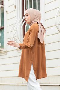 Modalamelif Büyük Düğmeli Yanları Yırtmaçlı Gömlek Kahverengi