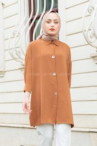 Modalamelif Büyük Düğmeli Yanları Yırtmaçlı Gömlek Kahverengi