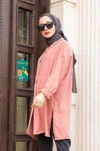 Modalamelif Büyük Düğmeli Yanları Yırtmaçlı Gömlek Pembe