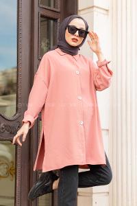 Modalamelif Büyük Düğmeli Yanları Yırtmaçlı Gömlek Pembe