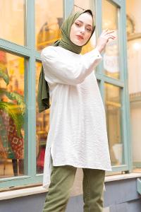 Modalamelif Düz Renk Keten Bluz  Ekru