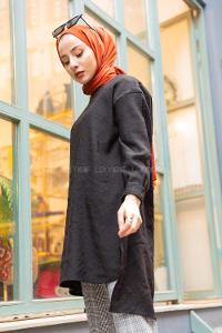 Modalamelif Düz Renk Keten Bluz  Siyah