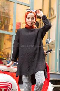 Modalamelif Düz Renk Keten Bluz  Siyah