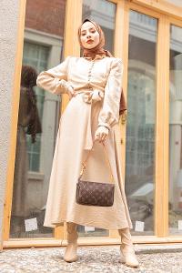 Modalamelif Fırfır Yakalı Belden Bağlamalı Elbise  Bej